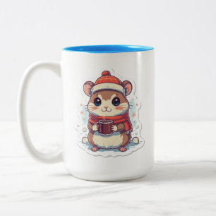 Bicolor Ardilla lista para el invierno con una taza calien
