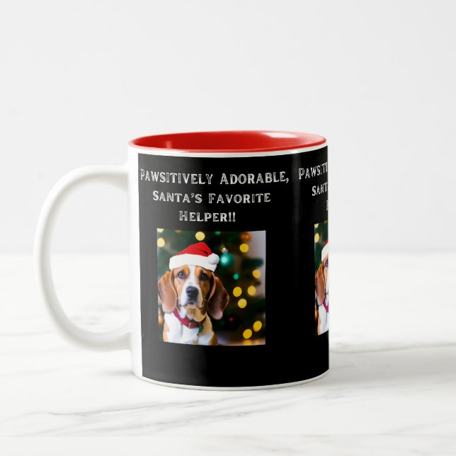 Bicolor Beagle en Santa hat en taza de café (Izquierda)