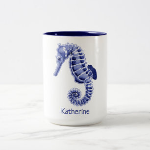 Bicolor Caballo de mar azul y blanco taza de café de dos t