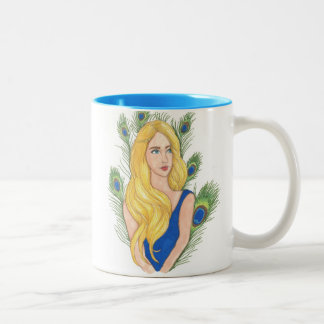 Bicolor El pavo real empluma la taza 11oz (blanca/el azul)