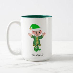 Bicolor Elfo moderno de la suerte con taza con guión y mon