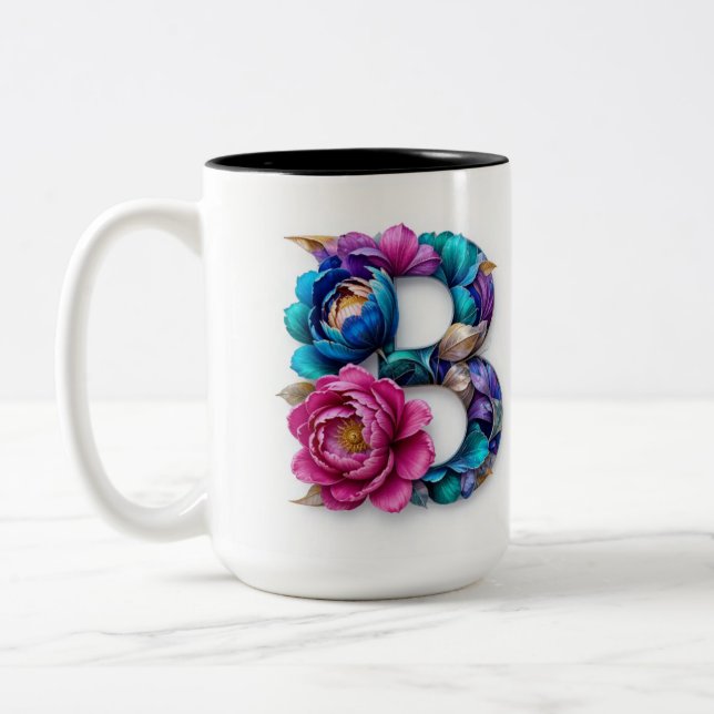 Bicolor Flor B letra taza de café tazón (Izquierda)