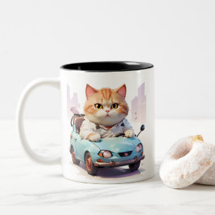 Bicolor Gato gordo Conducción de un auto con una taza de c
