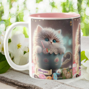Bicolor Gato lindo sentado en una taza de música personali