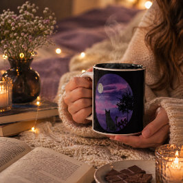 Bicolor Gato Negro Adorable Bajo la Luna – taza para amant