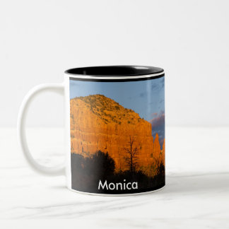 Bicolor Mónica en la taza roja de la roca de la salida de