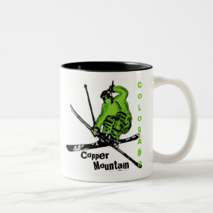 Bicolor Montaña de cobre Esquiador verde taza de café