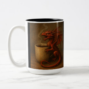 Bicolor Pequeño dragón de café abrazando una taza de arte