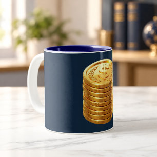 Bicolor Pila de monedas de oro Taza azul marino y dorada