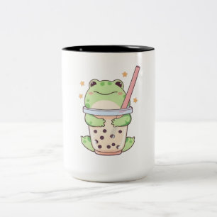 Bicolor Rana Kawaii Chibi Abrazando Taza de Bubble Tea
