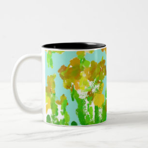 Bicolor Taza abstracta verde y dorada floral de dos tonos
