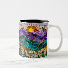 Bicolor Taza Amanecer Montaña Vidrio Emplomado 