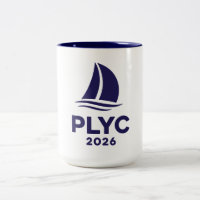 Taza blanca PLYC 2026 con interior azul marino