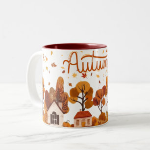 Bicolor Taza Casas Foliaje Acogedor Pueblo Otoñal