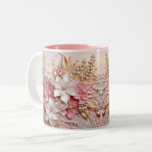 Bicolor Taza con flores y bayas 3D de color rosa, blanco y