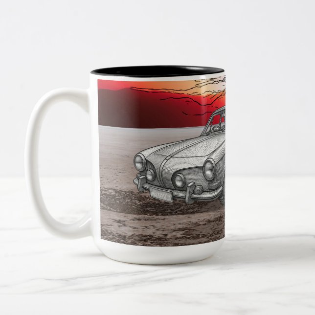 Bicolor Taza con ilustración de coche estilo retro (Izquierda)