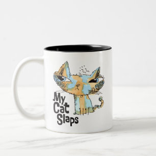 Bicolor Taza con ilustración de gato marrón/azul divertido