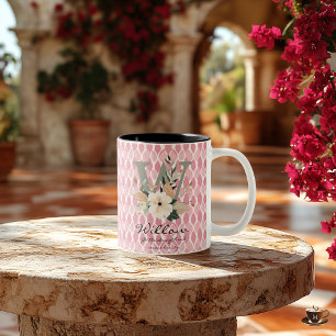 Bicolor Taza con letra W floral boho y nombre personalizad