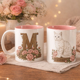 Bicolor Taza con Monograma de Gato Blanco Ojos Azules
