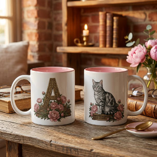 Bicolor Taza con Monograma de Gato Floral Vintage