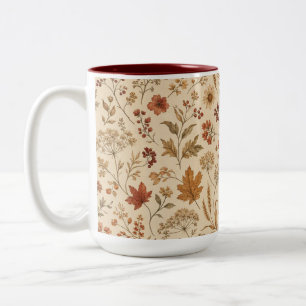 Bicolor Taza con patrón botánico de campo de otoño vintage