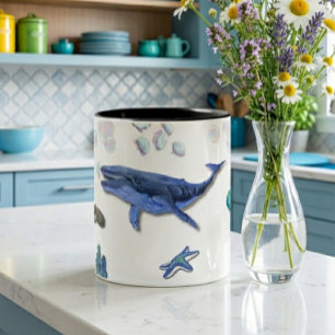 Bicolor Taza con patrón de animales marinos de acuarela de