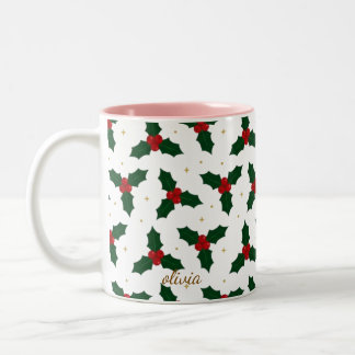 Bicolor Taza con patrón personalizado de bayas de acebo pa