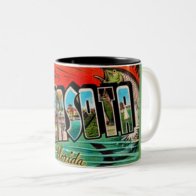 Bicolor Taza con postal retro de Sarasota Florida (Anverso derecho)