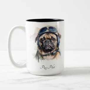 Bicolor Taza de arte de piloto aviador vintage Pug con nom