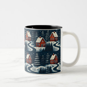 Bicolor Taza de cabaña de invierno acogedora arte popular