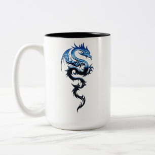 Bicolor Taza de café con arte del dragón tribal azul Dra