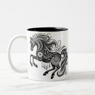 Bicolor Taza de café con arte floral ornamentado de caball