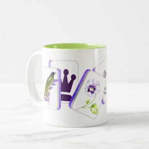 Bicolor Taza de café con fichas de Mahjong Bird Bam y flor