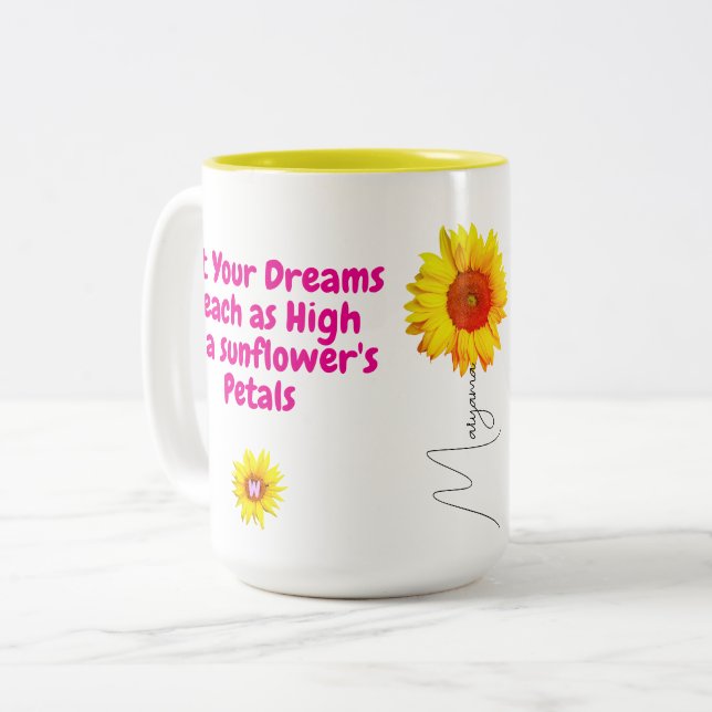 Bicolor Taza de café con girasoles (Cita motivacional para (Anverso izquierdo)
