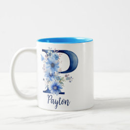 Bicolor Taza de café con monograma azul floral de 325 ml