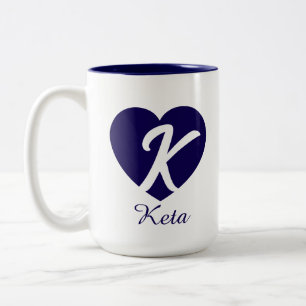 Bicolor Taza de café con monograma personalizado corazón i