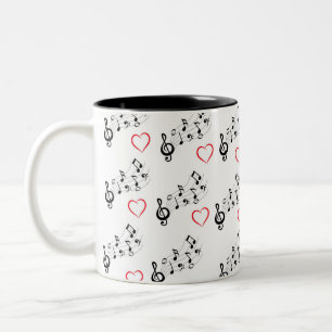 Bicolor Taza de café con notas musicales y corazones