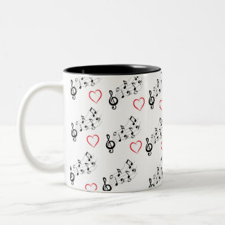Bicolor Taza de café con notas musicales y corazones
