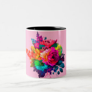 Bicolor Taza de café con vibrante ramo floral y borde negr