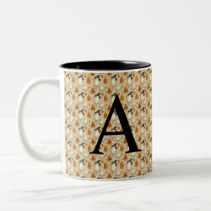 Bicolor Taza de café Cute de Halloween con inicial
