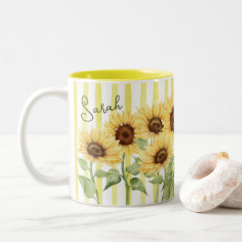 Bicolor Taza de café de 11oz con girasoles y rayas amarill
