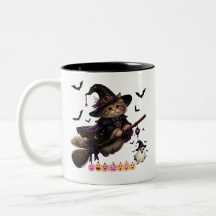 Bicolor Taza de café de bruja de gato de Halloween