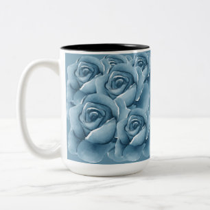 Bicolor Taza de café de cerámica de rosas en acuarela azul