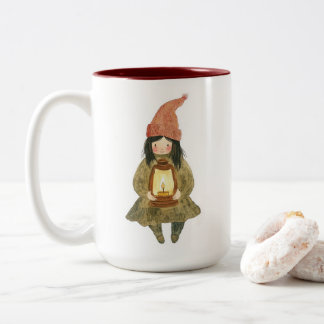 Bicolor Taza de café de dos tonos con gnomo de acuarela li