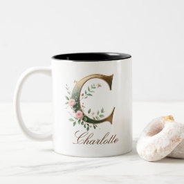Bicolor Taza de café de dos tonos con inicial floral de or