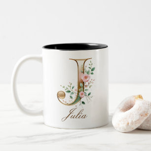 Bicolor Taza de café de dos tonos con inicial floral de or