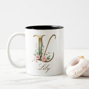 Bicolor Taza de café de dos tonos con inicial floral de or