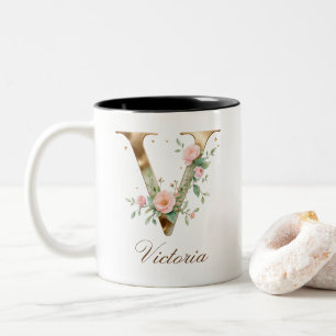 Bicolor Taza de café de dos tonos con inicial floral de or