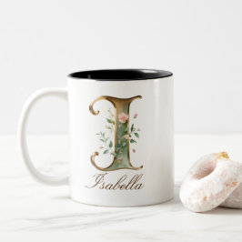 Bicolor Taza de café de dos tonos con inicial floral en or