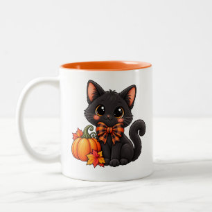 Bicolor Taza de café de Halloween con gato negro lindo y c